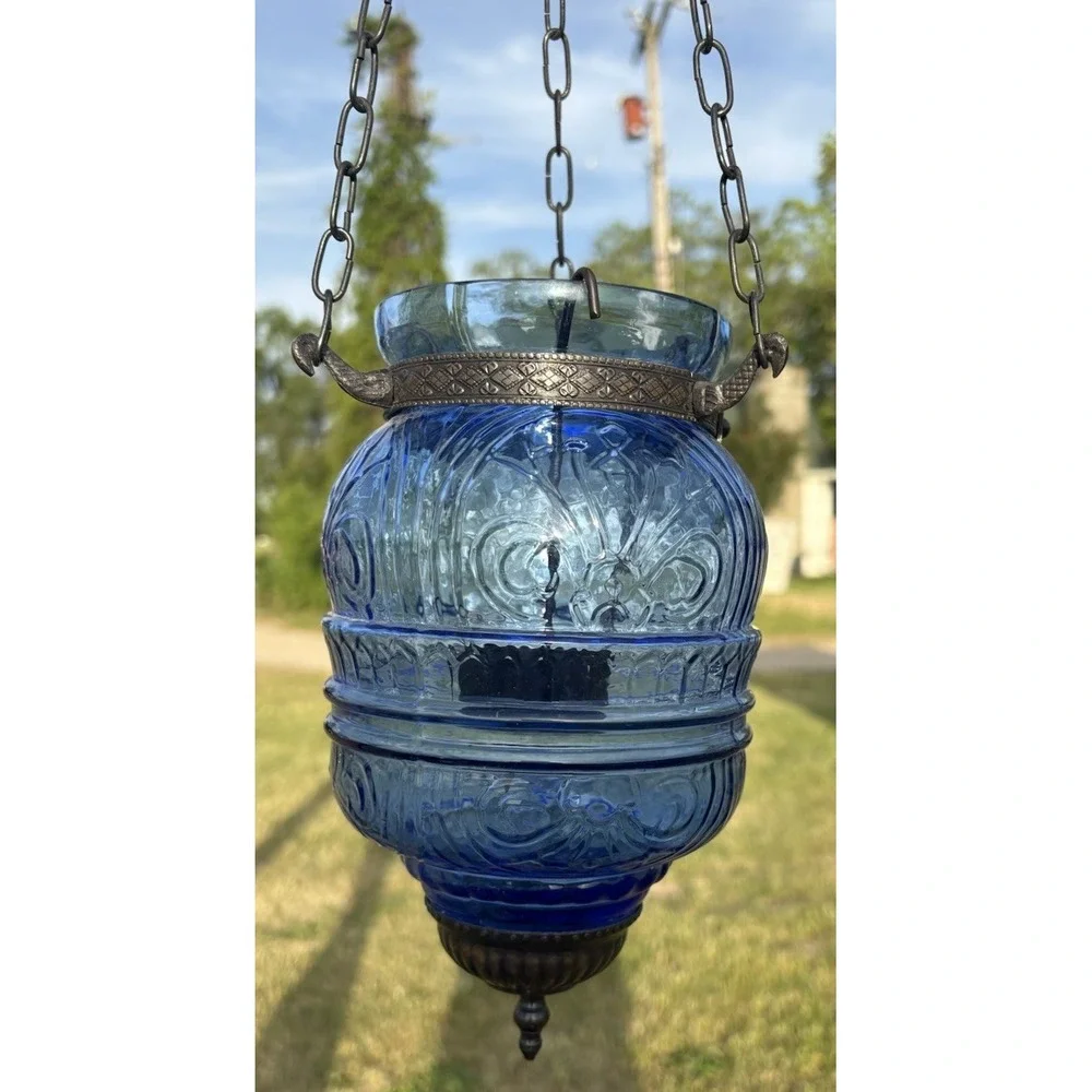 Antique hanging Blue Glass Bell Jar Candle Lantern ~ Pendant Bell